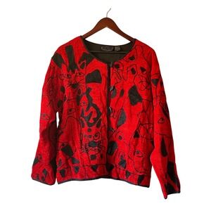 Vintage Abstract animal Women's Red Black Textured Cardigan Jacket Medium